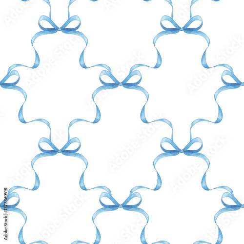 Soft blue watercolor coquette bow. Pastel blue whimsical ribbon lattice seamless pattern hand drawn	