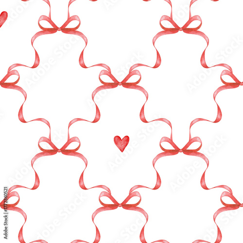 Bright red watercolor coquette bow with heart. Pastel blue whimsical ribbon lattice seamless pattern. Hand drawn