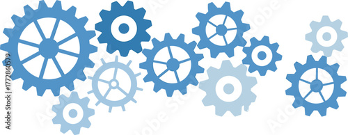 Mechanical gears illustration, blue cogwheels, teamwork concept, engineering design, machinery system, industrial background, technology symbol, process optimization