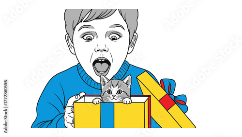 Surprise Gift: A young boy opens a vibrant gift box, revealing an adorable kitten inside, his expression a mix of awe and delight. 
