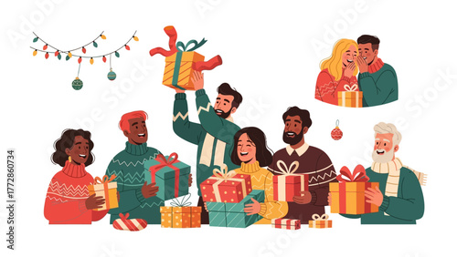 Festive Gathering: Friends and family gather for a heartwarming holiday celebration, exchanging gifts and sharing laughter in a scene of joy and togetherness. 