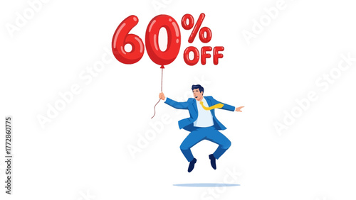 Business Deal Celebration: A businessman celebrates a significant deal by jumping in excitement, holding a balloon indicating a 60% discount or offer