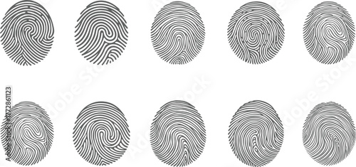 Ten fingerprint designs arranged in two rows on a white background illustration
