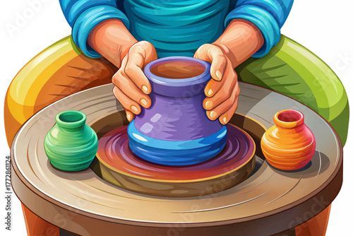 potter’s hands molding wet clay on spinning pottery wheel in studio