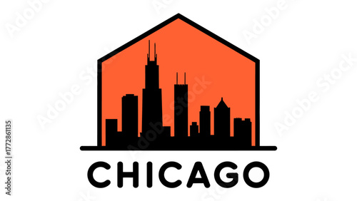Chicago Skyline Icon: A striking graphic of the Chicago skyline, encapsulated within an orange house icon, symbolizes the city's architectural prowess and urban landscape.
