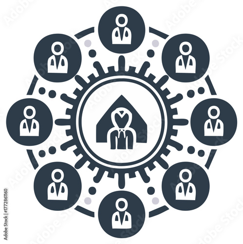 Community support network with connected people around home icon, teamwork concept