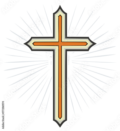 Ornate Christian Cross with Radiant Light Rays, Religious Faith Symbol Illustration