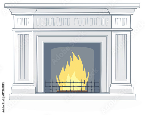 Classic White Fireplace with Brightly Burning Fire and Decorative Mantle