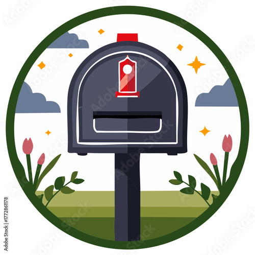 Stylized rural mailbox with red flag amidst green grass, budding flowers, and whimsical sky in a circular frame.