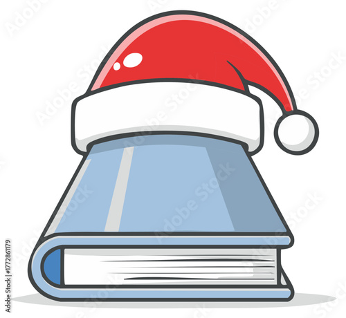 A cartoon book wearing a red Santa hat for Christmas holiday reading and education