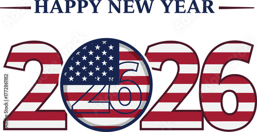 Happy, New, Year, 2026, USA, Flag, Stars, Stripes, Celebration, Holiday, Typography, Vector, Cad, Drawing, Festive, Design, Illustration, Red, White, Blue