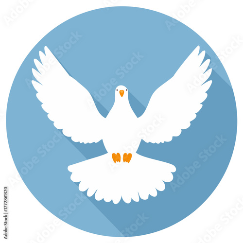 Flat design white dove in flight symbolizing peace and hope against a blue circle backdrop