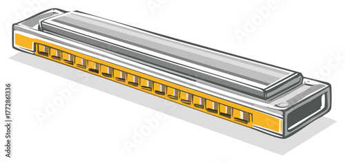 Cartoon Harmonica Illustration Silver Metal with Yellow Comb Classic Musical Instrument for Blues Folk Music Performance