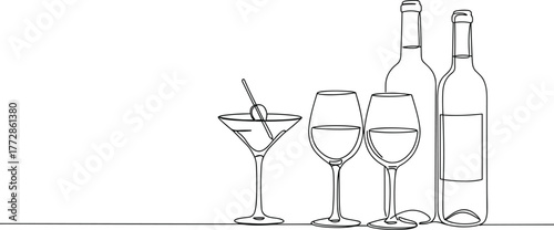 Minimalist line drawing of wine bottles and glasses, martini cocktail glass illustration, elegant continuous line artwork, bar drinkware vector design