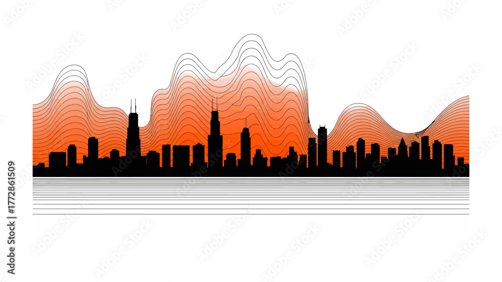Obraz premium City Skyline Silhouette with Abstract Graphic: A sleek, modern design showcases a cityscape silhouette, accentuated by an abstract graphic element, creating a dynamic visual narrative.