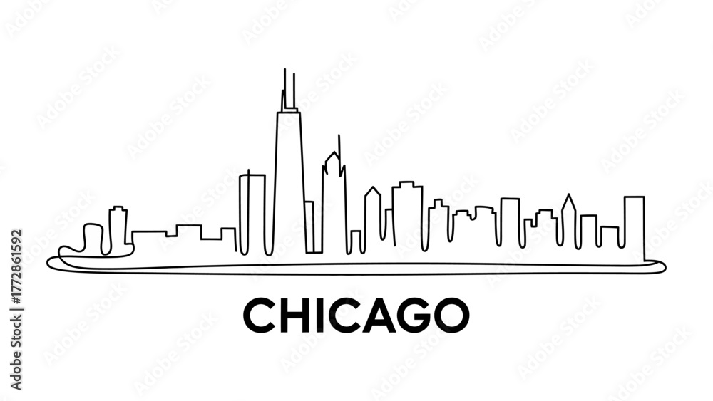 Fototapeta premium Chicago Skyline Outline: Capturing the essence of Chicago's iconic skyline through a minimalist line drawing, showcasing the city's architectural grandeur and urban sophistication.