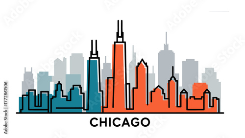 Chicago Skyline Silhouette: A clean, modern silhouette captures the essence of the city's architectural grandeur, illustrating the iconic skyline and modern skyscrapers.