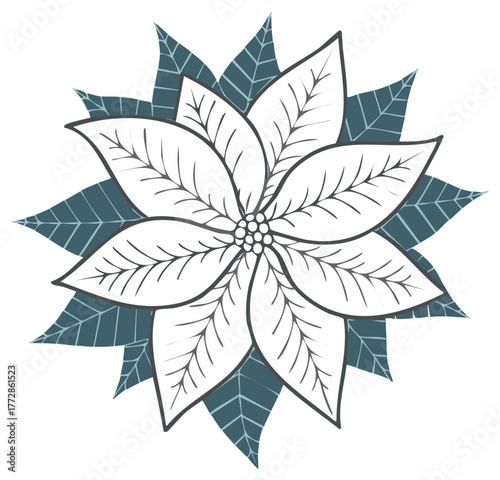 Minimalistic Christmas Poinsettia Flower with Dark Teal Leaves, Outline Holiday Floral Decoration