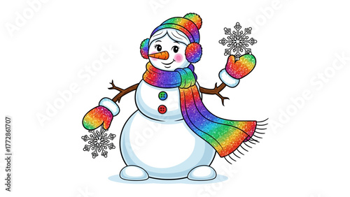 Colorful Snowman's Winter Wonderland: A whimsical snowman, adorned with a vibrant hat, scarf, and mittens, delights in the winter wonderland. Holding snowflakes.