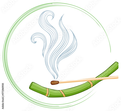 Incense stick burns atop bamboo holder releasing fragrant smoke within green circle graphic