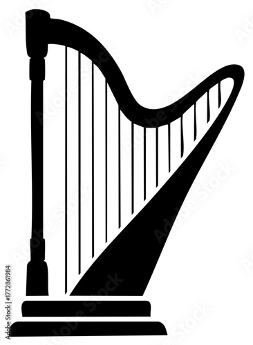 Silhouette of a harp music instrument, classical music illustration, isolated on white