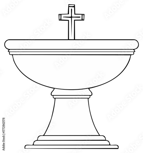 Simple outline illustration of a Christian baptismal font with a cross on its lid