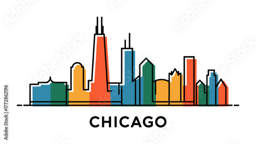Chicago Skyline: A vibrant illustration showcases the iconic Chicago skyline, with a minimalist design highlighting its famous architectural features and colorful tones.