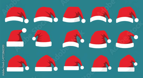 Flat lay of multiple red Santa hats with white trim on a teal background.