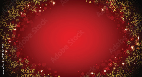 A vibrant red Christmas background with gold snowflakes and sparkles on a black and white border