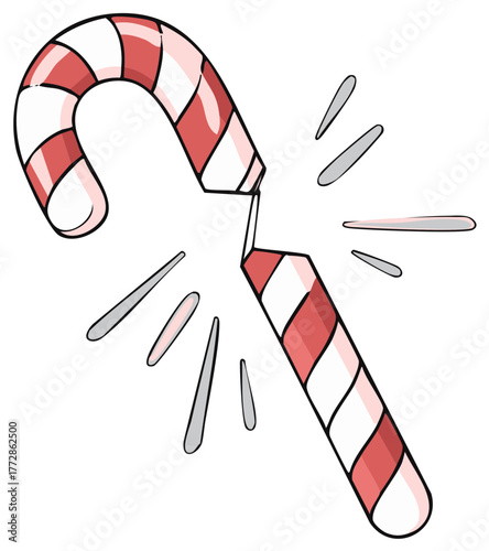 Fragmented candy cane with red and white stripes shattering into pieces