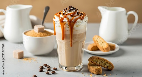 Iced caramel latte coffee in a tall glass with caramel drizzle and rustic setup