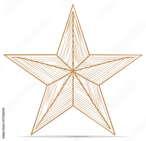 Golden star illustration featuring a hand drawn or sketched style. Five points, geometric shape, concept of success, achievement, excellence.
