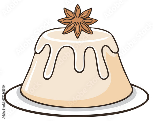 Delicious pudding with icing and star anise atop, presented on a white plate, offering a tempting dessert indulgence
