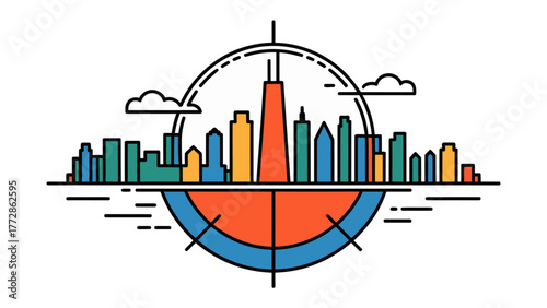 City Skyline Line Art Illustration: A stylized illustration presents a vibrant cityscape framed by an artistic compass, evoking a sense of direction and urban exploration.
