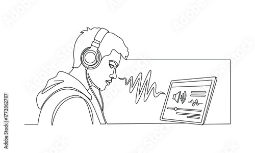 Continuous Line Drawing of a Young Man with Headphones and Tablet
