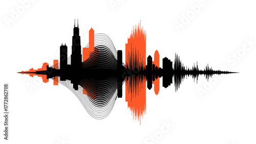 Chicago Cityscape Fusion: A modern artistic portrayal of the Chicago skyline, seamlessly blending architectural silhouettes with dynamic soundwave patterns, symbolizing the city's vibrant rhythm.