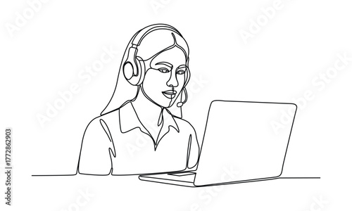 Continuous line drawing of woman working on laptop with headset