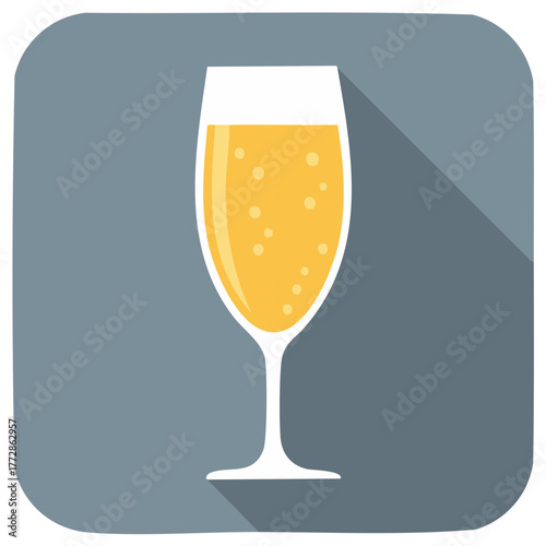 Flat design icon of a champagne flute filled with golden sparkling beverage and bubbles