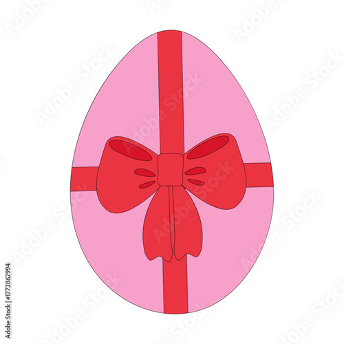 Painted Easter Egg Tied by Red Ribbon Bow Easter Sticker Icon Minimalist Flat Design in trendy pink