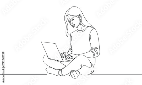 Continuous Line Drawing of Young Woman Working on Laptop Computer