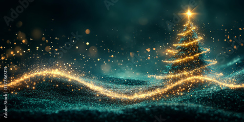 Christmas tree of glowing particles against a dark, magical green background.