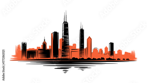 Urban silhouette with ink outline: A dynamic, artistic depiction of a city skyline, captured with bold ink strokes, creating a striking contrast and showcasing the urban landscape. 