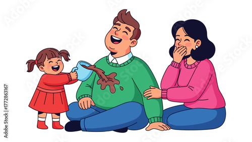 Joyful Family Moment: A heartwarming scene unfolds as a young child accidentally spills a beverage on her father, sparking laughter and shared amusement within the family unit. 