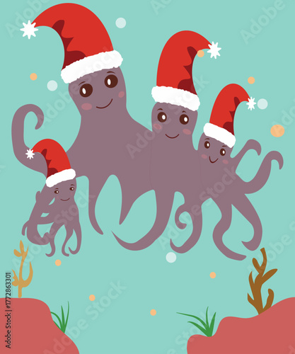 Adorable octopus family wearing Santa hats swimming happily underwater with coral and sea plants. A festive ocean-themed Christmas vector perfect for holiday cards, decorations, and children’s designs