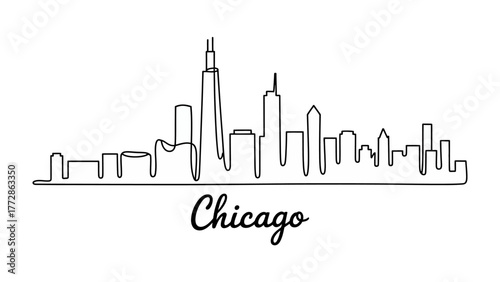 Chicago Skyline: An elegant, minimalist line drawing presents the iconic Chicago skyline, capturing its urban essence and architectural marvel. The artwork embodies simplicity and sophistication.