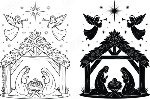 Nativity, Scene, Christmas, Jesus, Mary, Joseph, Angel, Star, Stable, Manger, Silhouette, Line, Art, Vector, Cad, Drawing, Design, Illustration, Black, White