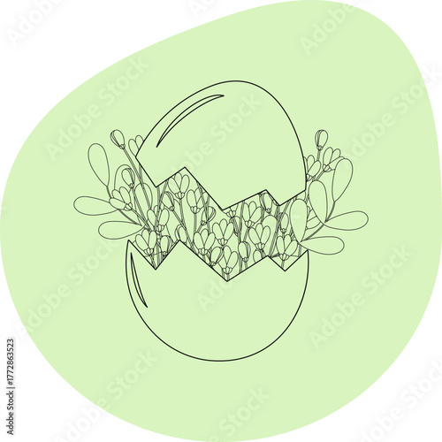 Outline Cracked Eggshell with Floral Composition Inside Against Abstract Green Spot Easter Greeting