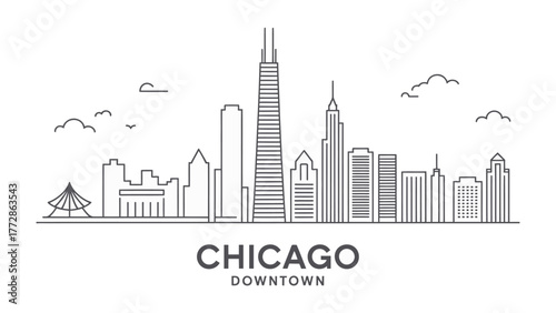 Chicago Skyline Silhouette: The elegant cityscape of Chicago, captured in a clean, minimalist silhouette, showcasing its iconic buildings and the architectural grandeur of the city.