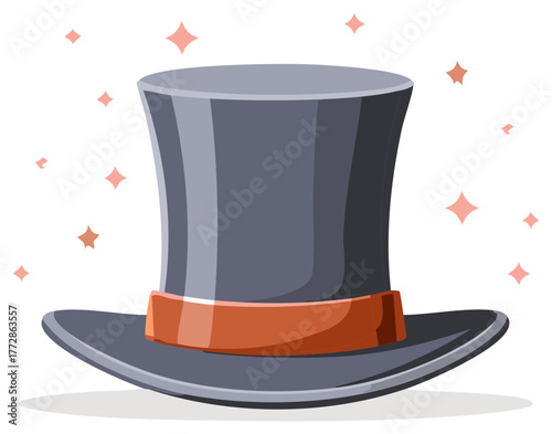 Illustration of a black top hat with a brown band and sparkles