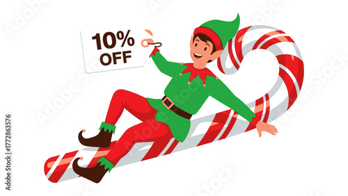 Holiday Sale: An elf rides a candy cane while holding a sign, advertising a generous discount and bringing the festive spirit to life.